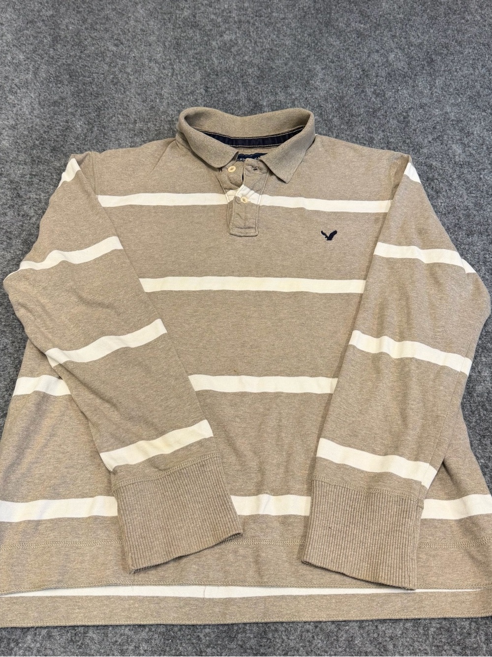 American Eagle Outfitters Beige & White Striped Long-Sleeve Polo
